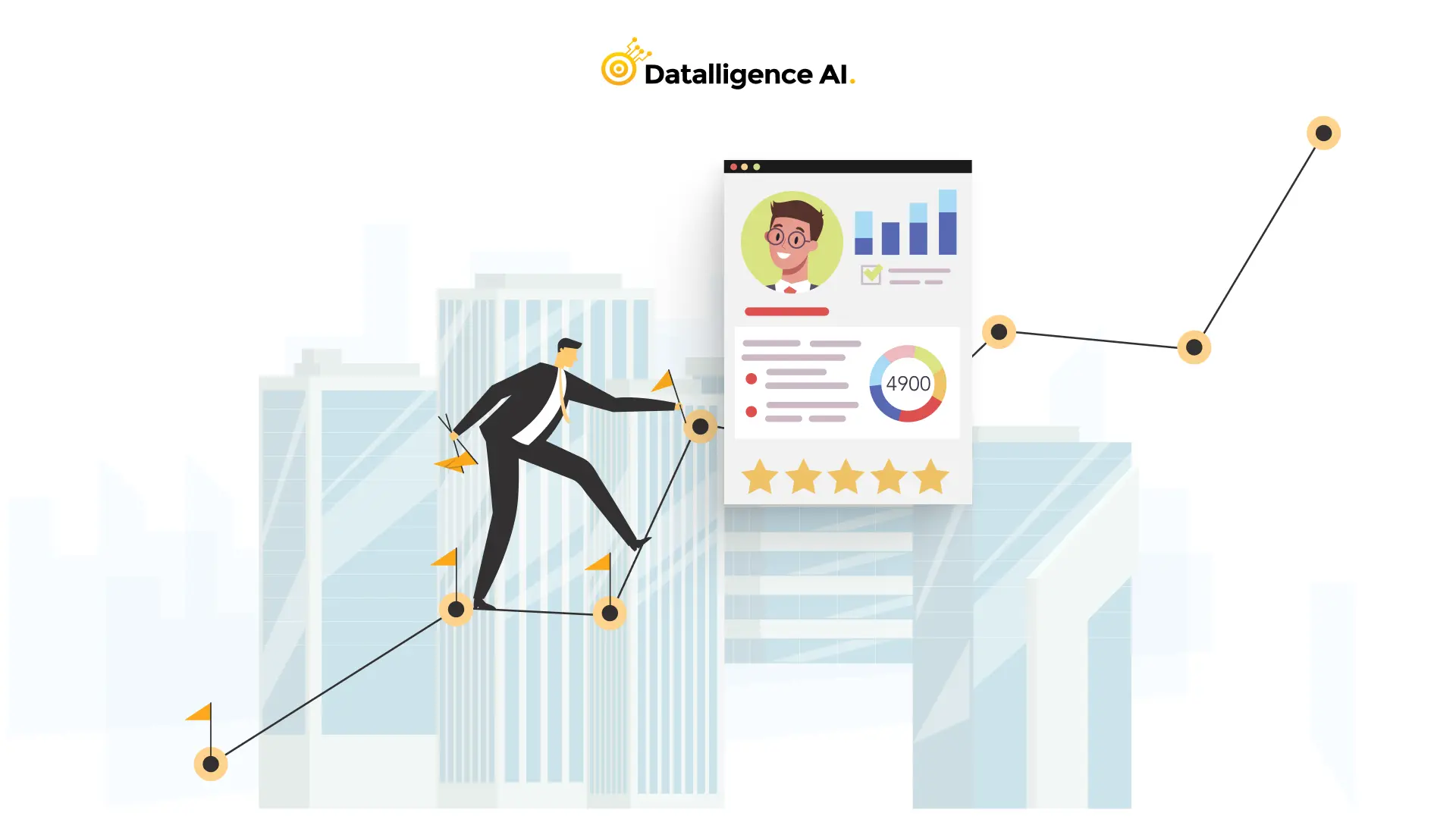  Illustration of a businessman navigating a graph, with a user interface dashboard displaying analytics